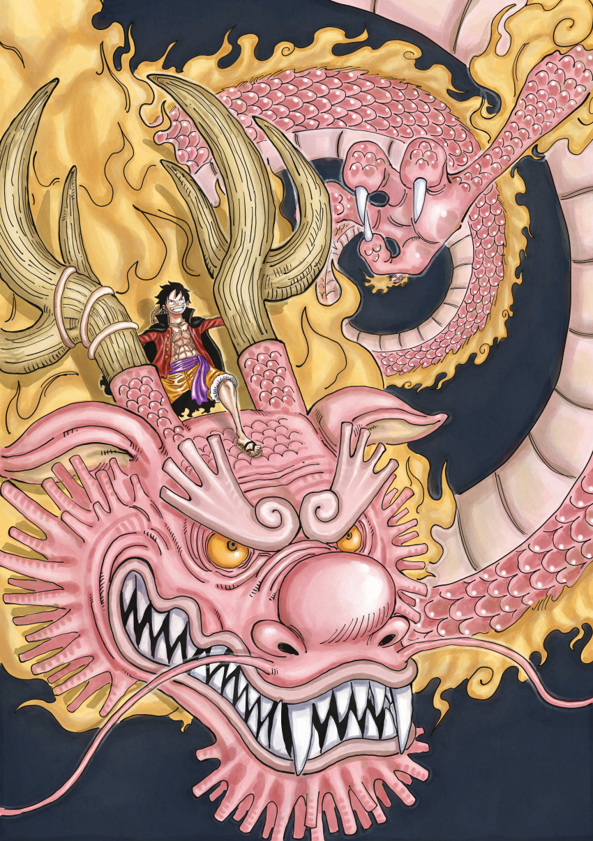 2boys, absurdres, alternate_form, black_cape, black_hair, cape, claws, commentary, dragon, dragon_boy, dragon_horns, english_commentary, full_body, hat, highres, horns, jaralloart, male_focus, momonosuke_(one_piece), monkey_d._luffy, multiple_boys, one_piece, open_clothes, open_mouth, orange_eyes, red_shirt, sandals, scar, scar_on_cheek, scar_on_chest, scar_on_face, sharp_teeth, shirt, short_hair, smile, straw_hat, teeth, unworn_hat, unworn_headwear