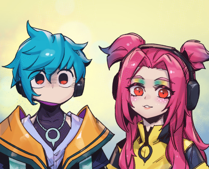 1boy, 1girl, alune_(league_of_legends), aphelios, blue_shirt, covered_collarbone, green_ahir, green_hair, headphones, heartsteel_alune, heartsteel_aphelios, jacket, league_of_legends, long_hair, no_mouth, phantom_ix_row, red_eyes, shirt, short_hair, smile, teeth, upper_body, yellow_jacket