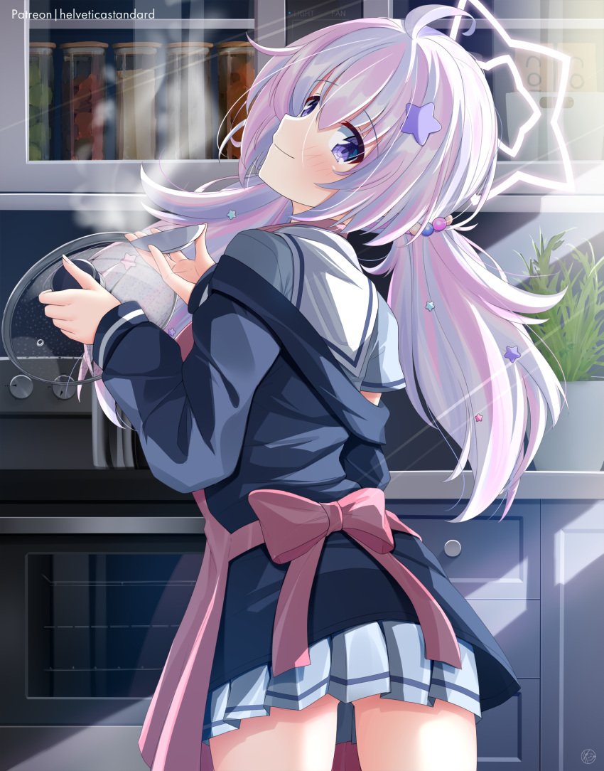 1girl, apron, blue_archive, commentary_request, hair_between_eyes, helvetica_std, highres, indoors
