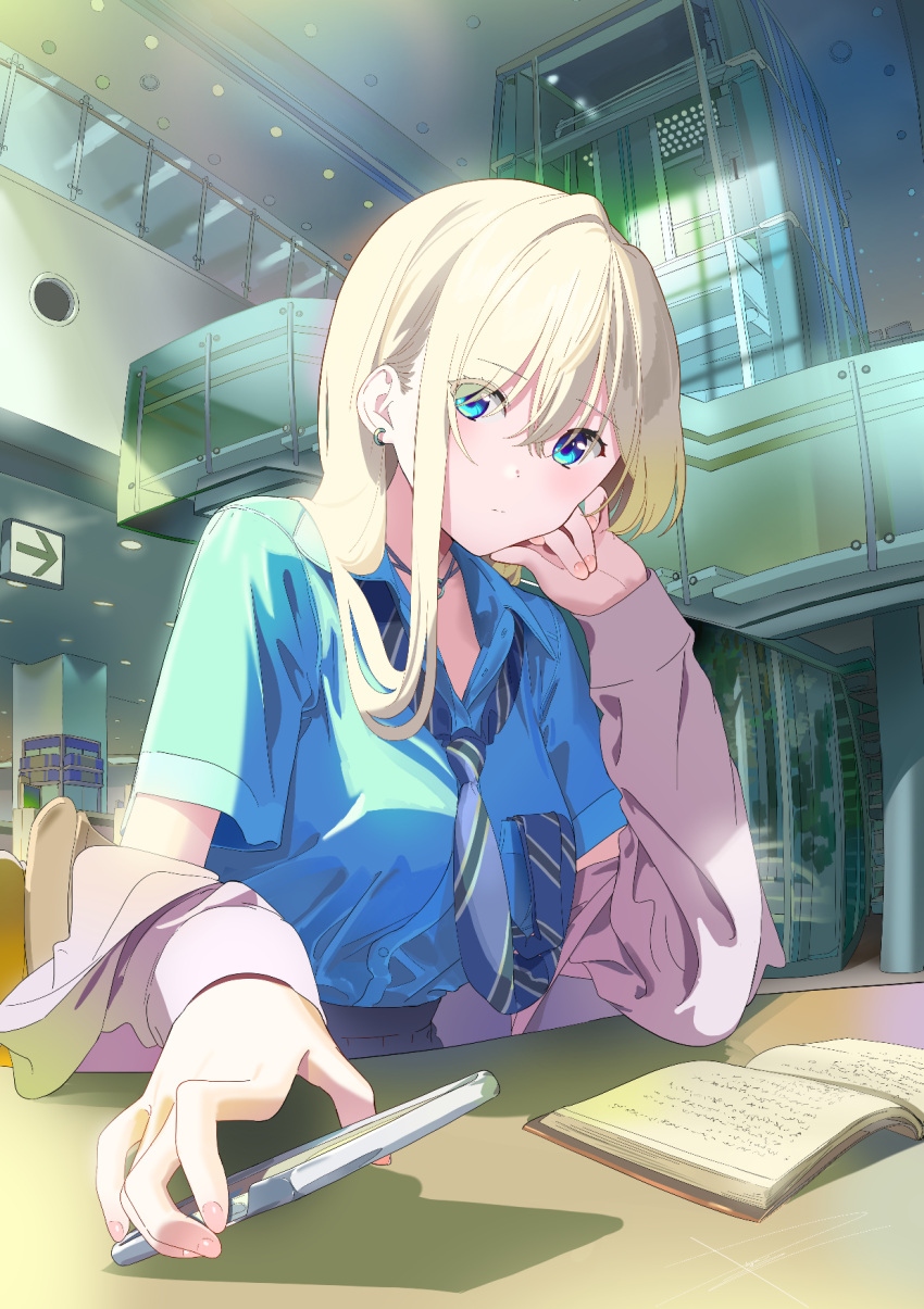 1girl, blonde_hair, blue_eyes, blue_shirt, book, breast_pocket, cardigan, cellphone