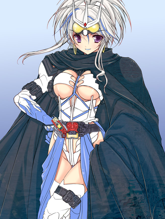 blue_hair, blue_lipstick, breasts, cleavage, cloak, earrings, jewelry, kamen_rider