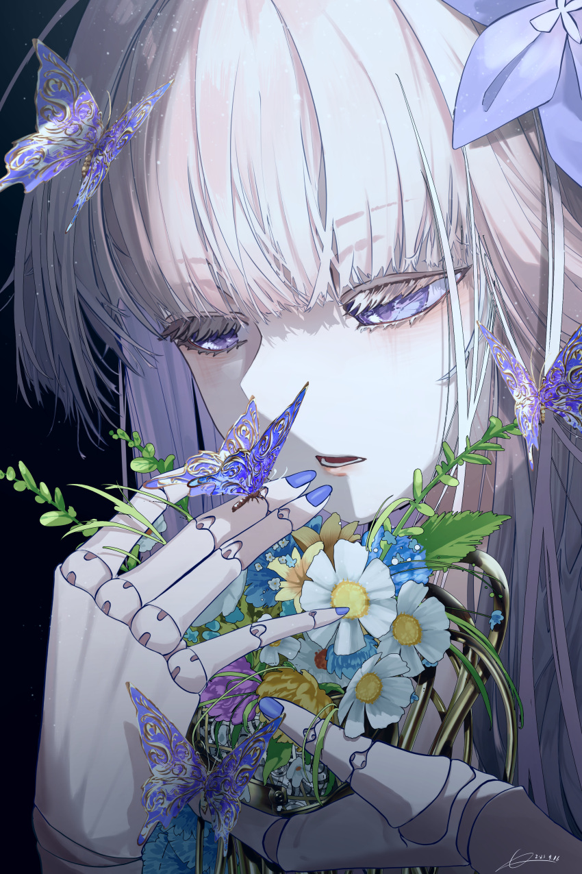 1girl, absurdres, black_background, blue_flower, bu_bai_(wres2744), bug, butterfly, butterfly_on_hand, butterfly_on_head, commentary_request, dated, doll_joints, flower, hands_up, herta_(honkai:_star_rail), highres, holding, holding_flower, honkai:_star_rail, honkai_(series), joints, long_hair, open_mouth, pink_hair, portrait, purple_flower, signature, solo, violet_eyes, white_flower, yellow_flower