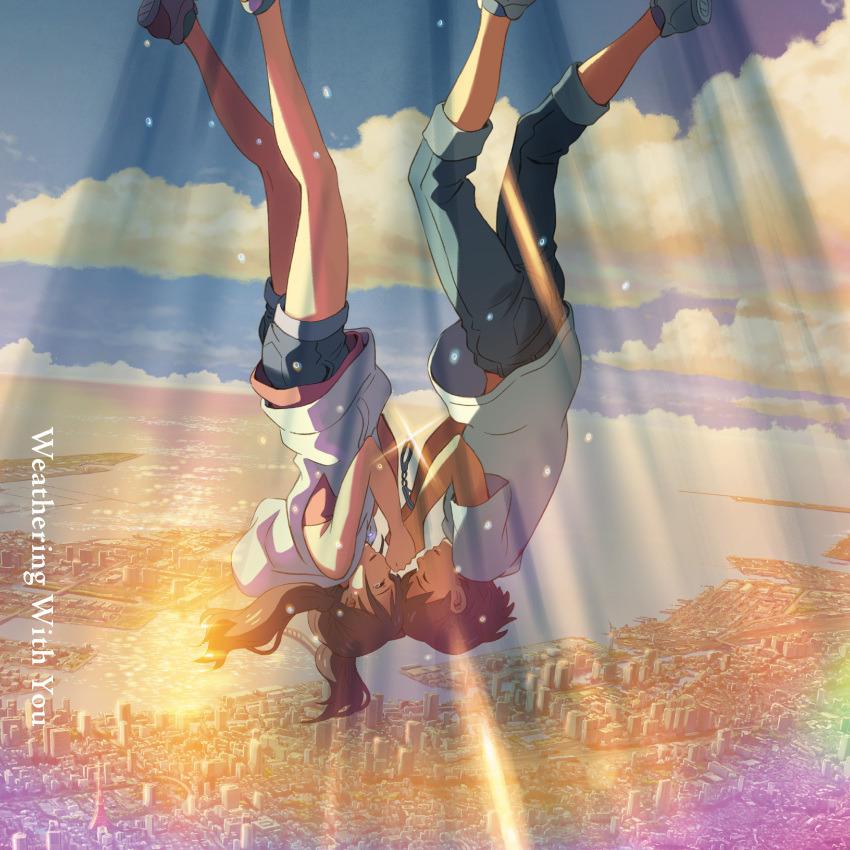 1boy, 1girl, absurdres, album_cover, amano_hina_(tenki_no_ko), artist_request, black_hair, blue_pants