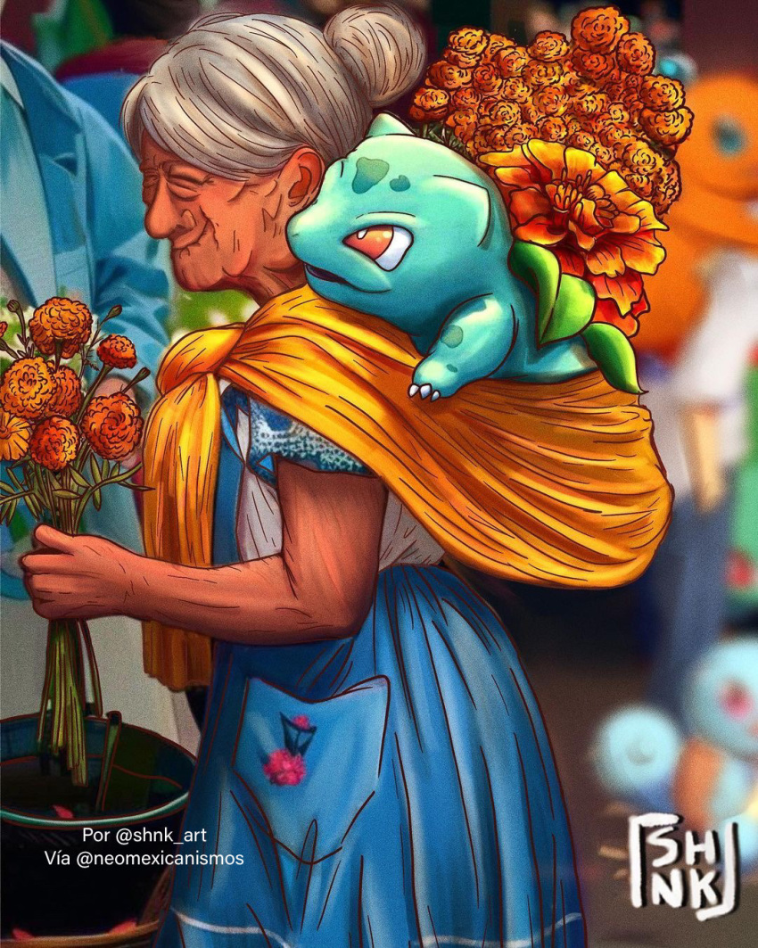 artist_name, blue_skirt, bulbasaur, cempoalxochitl, charmander, dia_de_muertos, flower, happy, highres, mexico, old, old_woman, open_mouth, orange_flower, original, pokemon, red_eyes, shnk_art, skirt, smile, third-party_source