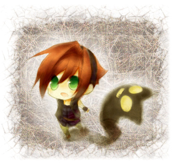 ari_(okage), brown_hair, chibi, green_eyes, lord_stanley_hihat_trinidad_xiv, lowres, okage_shadow_king, ruka_(boku_to_maou)