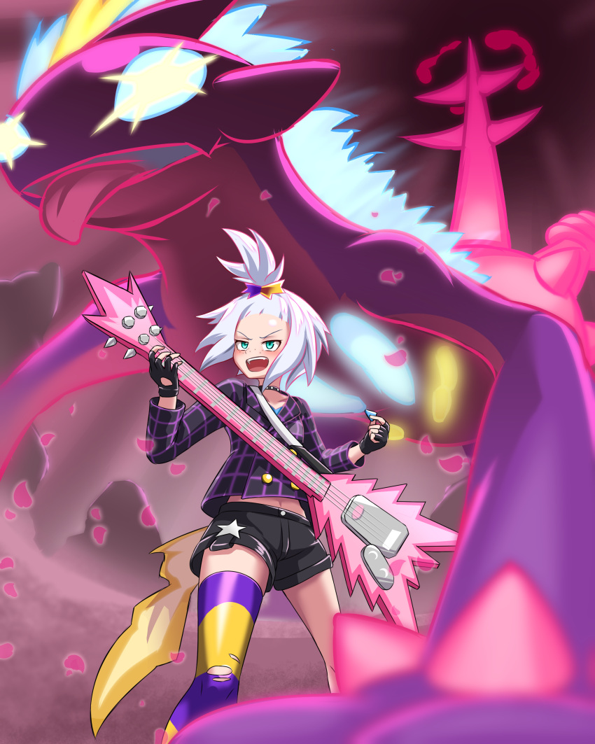 1girl, absurdres, black_shorts, blue_eyes, fingerless_gloves, gigantamax, gigantamax_toxtricity, gloves