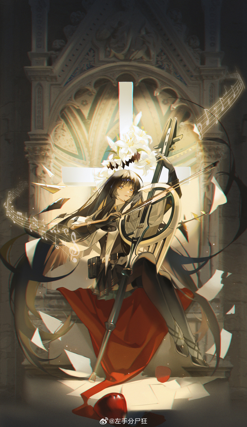 1girl, absurdly_long_hair, absurdres, ahoge, apple, architecture, arknights, arm_up