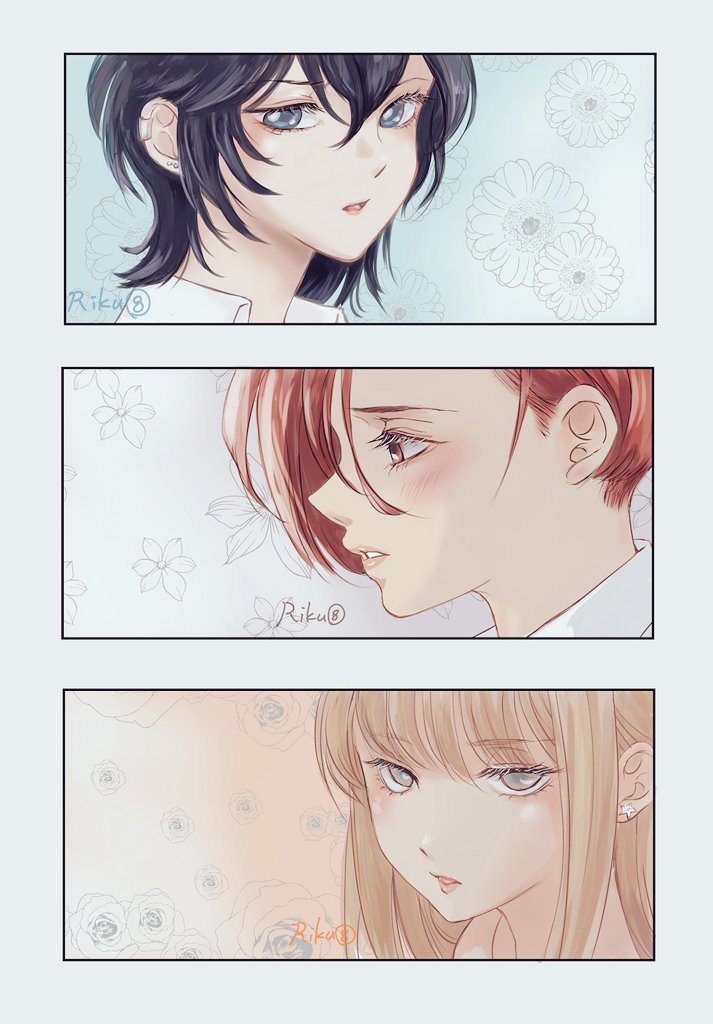 3girls, asahina_yuni, black_hair, blonde_hair, blue_eyes, floral_background, grey_eyes, kyou_wa_kanojo_ga_inai_kara