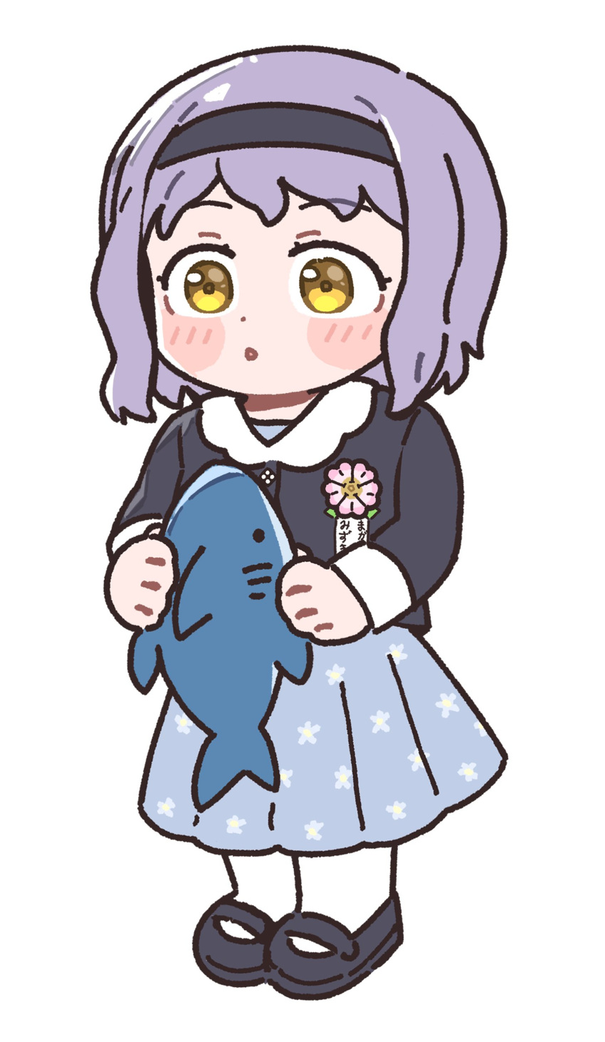 1girl, :o, absurdres, aged_down, black_cardigan, black_footwear, black_hairband, blue_dress