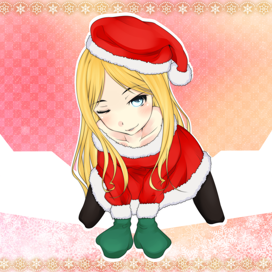 1girl, alternate_eyebrows, blonde_hair, blue_eyes, christmas, commentary_request, dress, frenda_seivelun