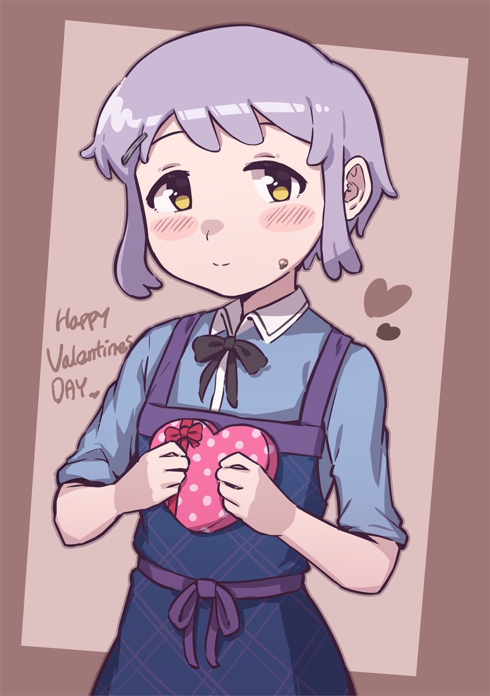 1girl, apron, blue_apron, blue_shirt, blush, box, brown_background, burndle08