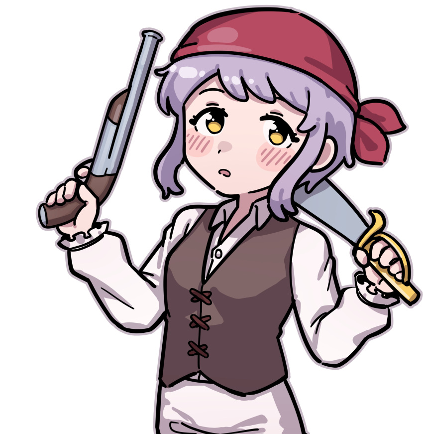 1girl, absurdres, bandana, blush_stickers, brown_vest, burndle08, commentary, gun