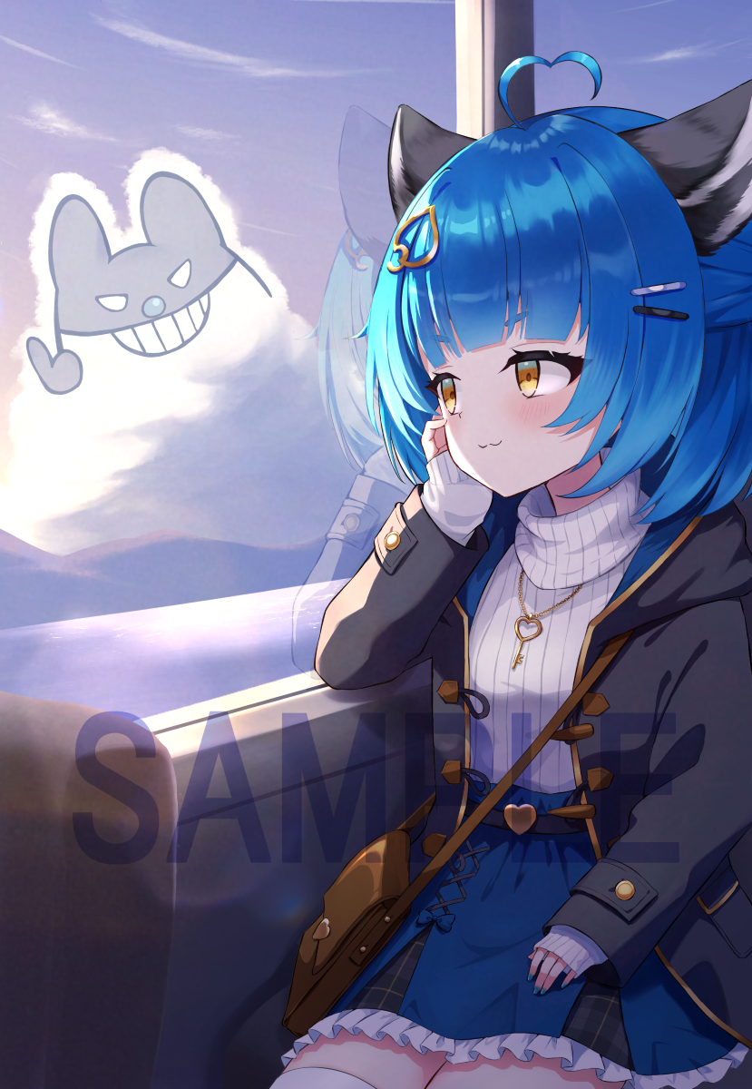 1girl, acorn_hair_ornament, ahoge, animal_ears, bag, black_jacket, blue_hair, blue_skirt