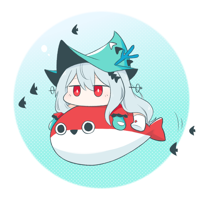 10_(xknn5488), 1girl, aqua_gloves, aqua_headwear, arknights, boots, chibi, gloves, grey_hair, hair_ornament, hat, long_hair, no_mouth, official_alternate_costume, red_eyes, sacabambaspis, simple_background, sitting, sitting_on_object, skadi_(arknights), skadi_the_corrupting_heart_(arknights), solo, stuffed_orca, very_long_hair, white_footwear