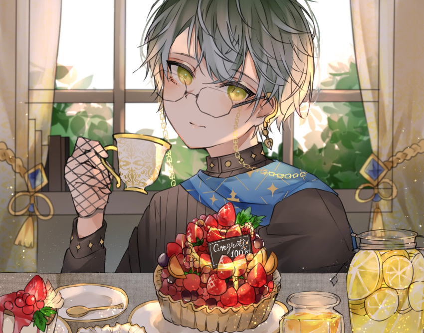 1boy, black-framed_eyewear, black_dress, buttoned_cuffs, buttons, cake, cake_slice, chain, closed_mouth, commentary, cream, cup, cursive, curtains, day, diamond_(shape), diamond_button, dress, earrings, eyewear_strap, fishnet_gloves, fishnets, foliage, food, fruit, fruit_pie, glasses, gloves, gold_chain, gold_earrings, gradient_eyes, grapes, green_eyes, grey_hair, highres, holding, holding_cup, ike_eveland, indoors, jam, jar, jewelry, leaf, lemon, lemon_slice, light_smile, long_sleeves, looking_at_viewer, looking_over_eyewear, male_focus, milestone_celebration, multicolored_eyes, nijisanji, nijisanji_en, octagonal_eyewear, pie, plate, print_cup, saucer, semi-rimless_eyewear, short_hair, solo, spoon, strawberry, symbol-only_commentary, tassel, teacup, titosena_523, turtleneck, under-rim_eyewear, upper_body, window, yellow_eyes