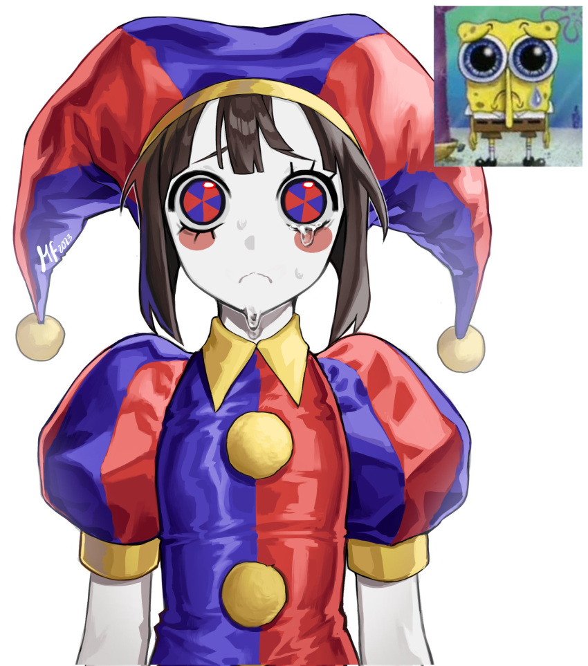 1girl, blue_bodysuit, blue_eyes, blue_headwear, bodysuit, brown_hair, closed_mouth, colored_skin, crying, crying_with_eyes_open, frown, hat, hat_bell, highres, jester, jester_cap, looking_at_viewer, mary_felizola, multicolored_clothes, multicolored_headwear, pomni_(the_amazing_digital_circus), red_bodysuit, red_eyes, red_headwear, reference_inset, short_hair, solo, spongebob_squarepants, spongebob_squarepants_(character), striped, striped_headwear, tears, the_amazing_digital_circus, two-tone_eyes, vertical-striped_bodysuit, vertical-striped_headwear, vertical_stripes, white_background, white_skin