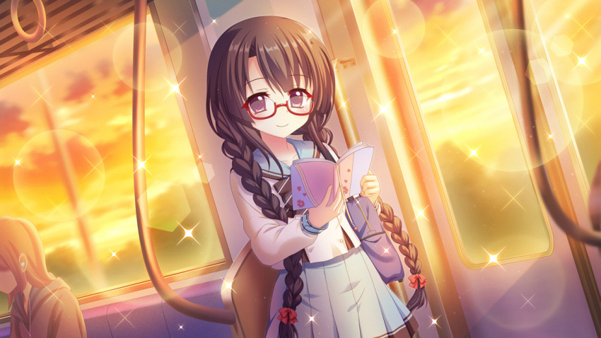 2girls, black_hair, blue_bag, blue_sailor_collar, blue_skirt, book, bow, braid, brown_hair, carrying_bag, closed_mouth, clouds, cloudy_sky, dot_nose, dutch_angle, earphones, earphones, evening, film_grain, game_cg, glasses, grey_hoodie, hair_bow, hand_grip, holding, holding_book, hood, hoodie, ichikishima_mizuha, izumi_tsubasu, lens_flare, long_braid, long_hair, looking_at_viewer, marehoshi_academy_school_uniform, multiple_girls, non-web_source, official_art, open_book, orange_sky, re:stage!, red-framed_eyewear, red_bow, sailor_collar, school_uniform, semi-rimless_eyewear, skirt, sky, smile, solo_focus, sparkle, train_interior, twin_braids, violet_eyes
