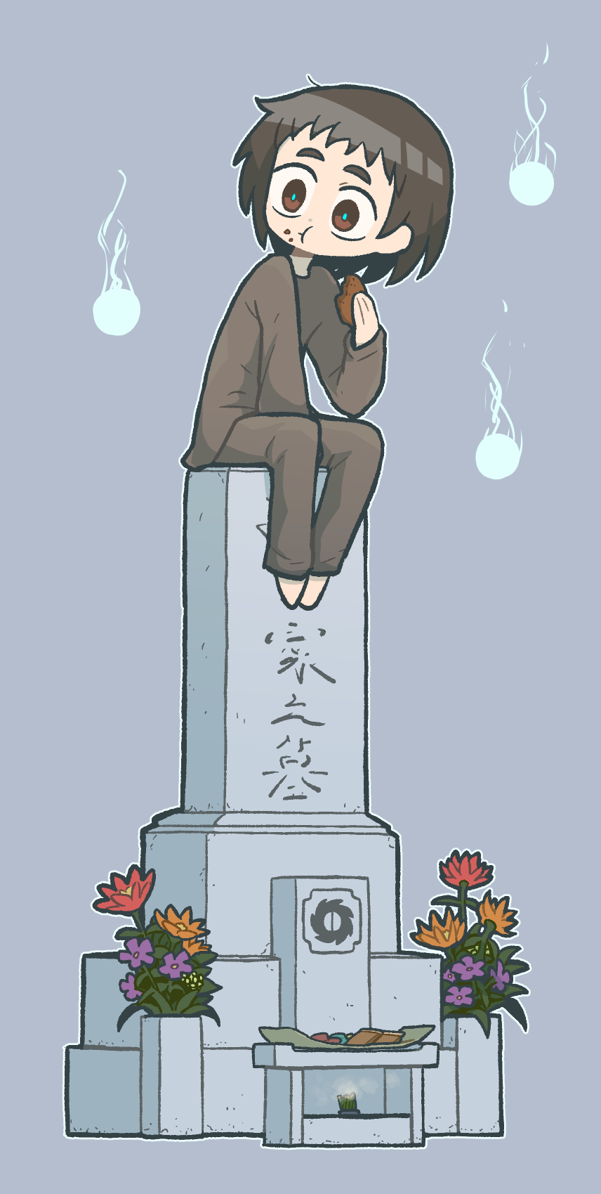 1other, :t, androgynous, aqua_pupils, barefoot, between_legs, bright_pupils, brown_hair