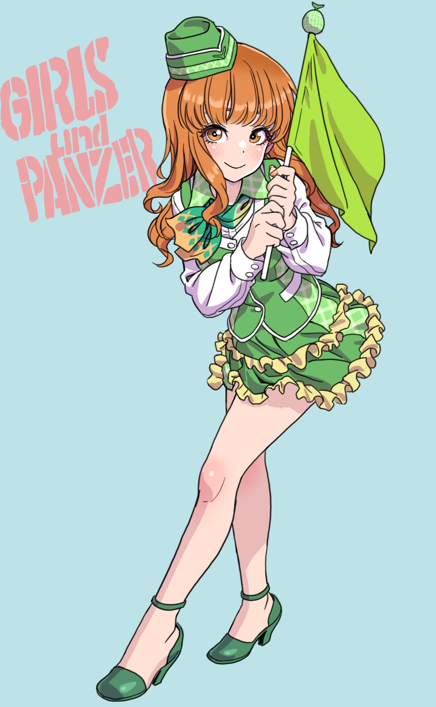 1girl, absurdres, copyright_name, flight_attendant, frilled_skirt, frills, girls_und_panzer, green_background