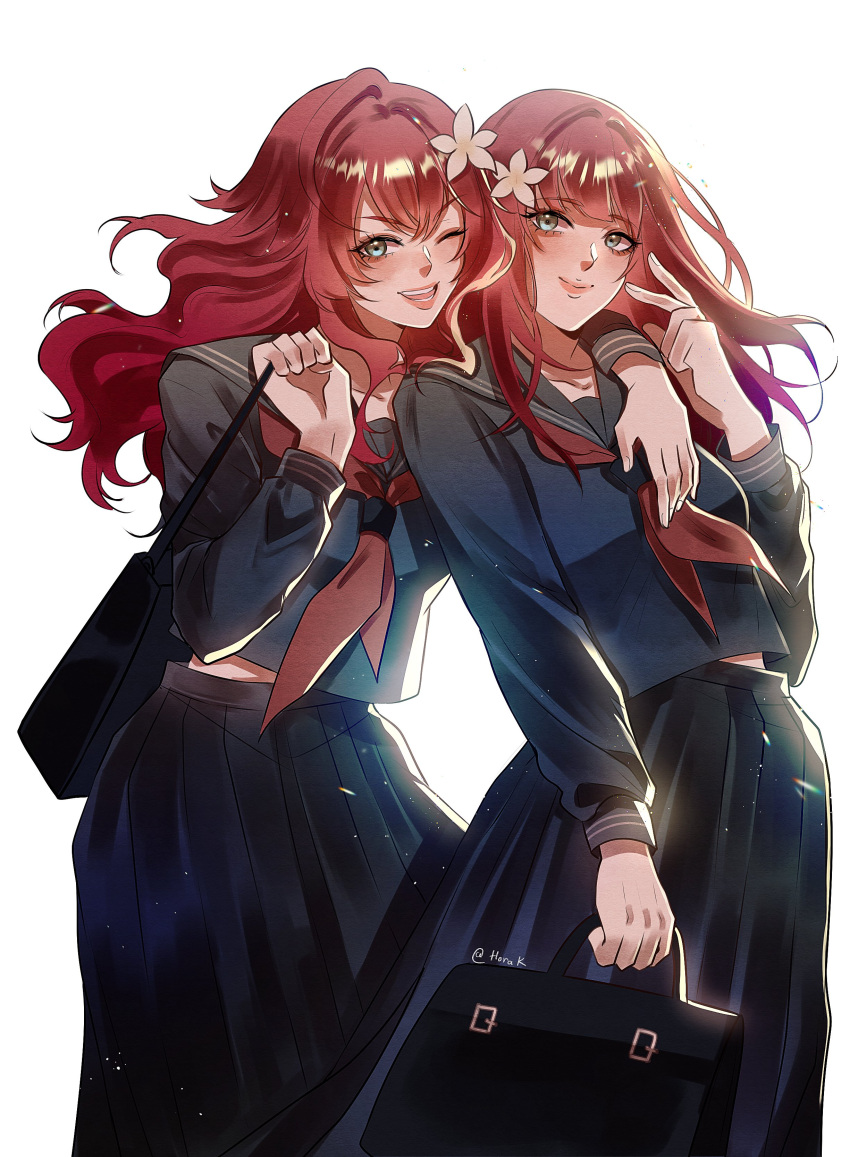 2girls, absurdres, arm_over_shoulder, bag, devola, double-parted_bangs, flower, hair_flower, hair_ornament, highres, holding, holding_bag, hora_k, long_hair, multiple_girls, nier, nier_(series), one_eye_closed, open_mouth, popola, redhead, school_uniform, serafuku, siblings, simple_background, sisters, smile, teeth, white_background