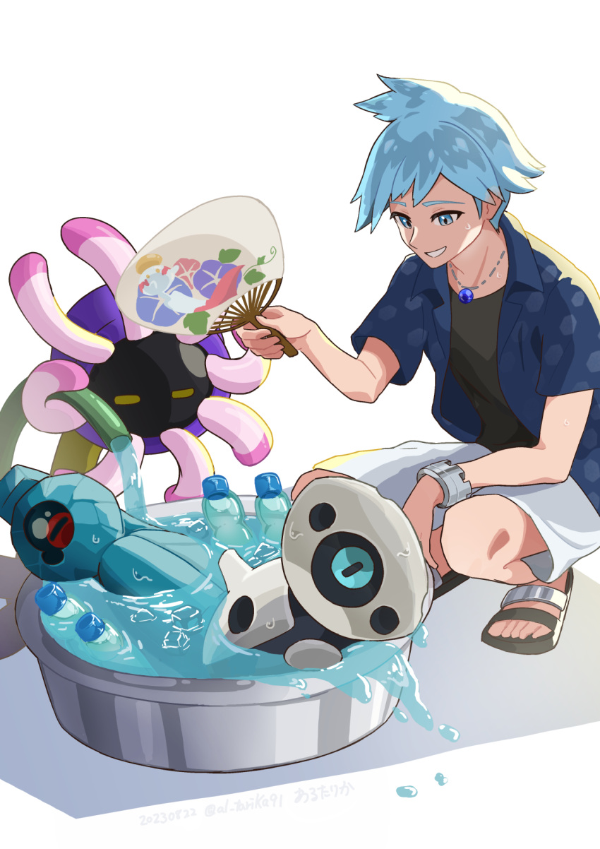 1boy, aqua_eyes, aqua_hair, aron, arutarika_(ri_kaoekaki), beldum, black_shirt, bracelet