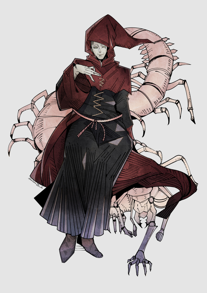 1boy, black_coat, black_sclera, bug, cape, centipede, coat, colored_sclera
