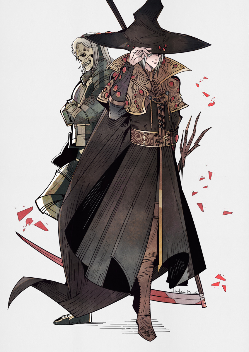 armor, black_coat, boots, brown_footwear, capelet, coat, cross-laced_clothes, crossed_arms