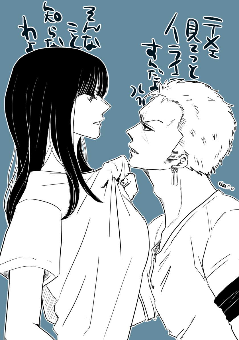 1boy, 1girl, bandana, bandana_around_arm, black_eyes, black_hair, blunt_bangs, clothes_grab, commentary_request, earrings, eye_contact, face-to-face, from_side, greyscale_with_colored_background, height_difference, jewelry, long_hair, looking_at_another, monochrome, nico_robin, nonoko135, one_piece, roronoa_zoro, short_hair, single_earring, teeth, translation_request