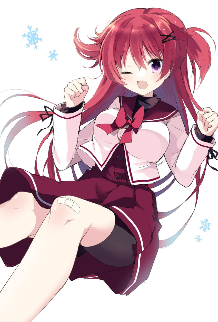 1girl, ;d, bandaid, bandaid_on_leg, bike_shorts_under_skirt, black_shorts, bow, breasts