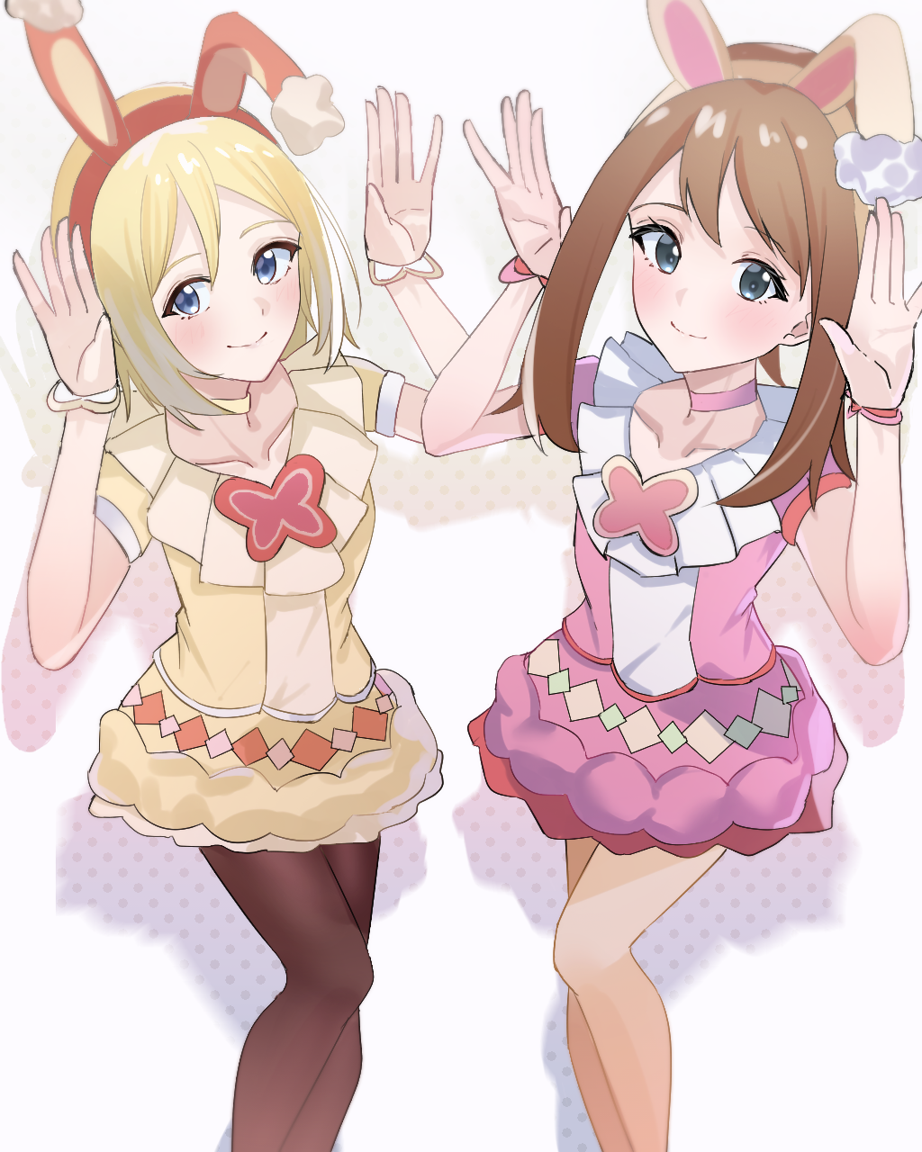 2girls, animal_ears, blonde_hair, blue_eyes, brown_hair, closed_mouth, cosplay, dress