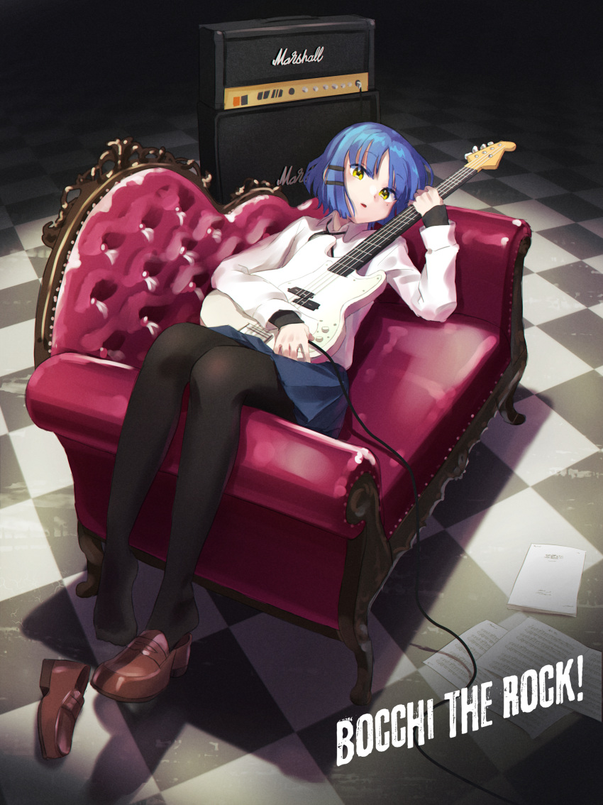 1girl, absurdres, amp, bass_guitar, black_pantyhose, blue_hair, blue_skirt, bocchi_the_rock!