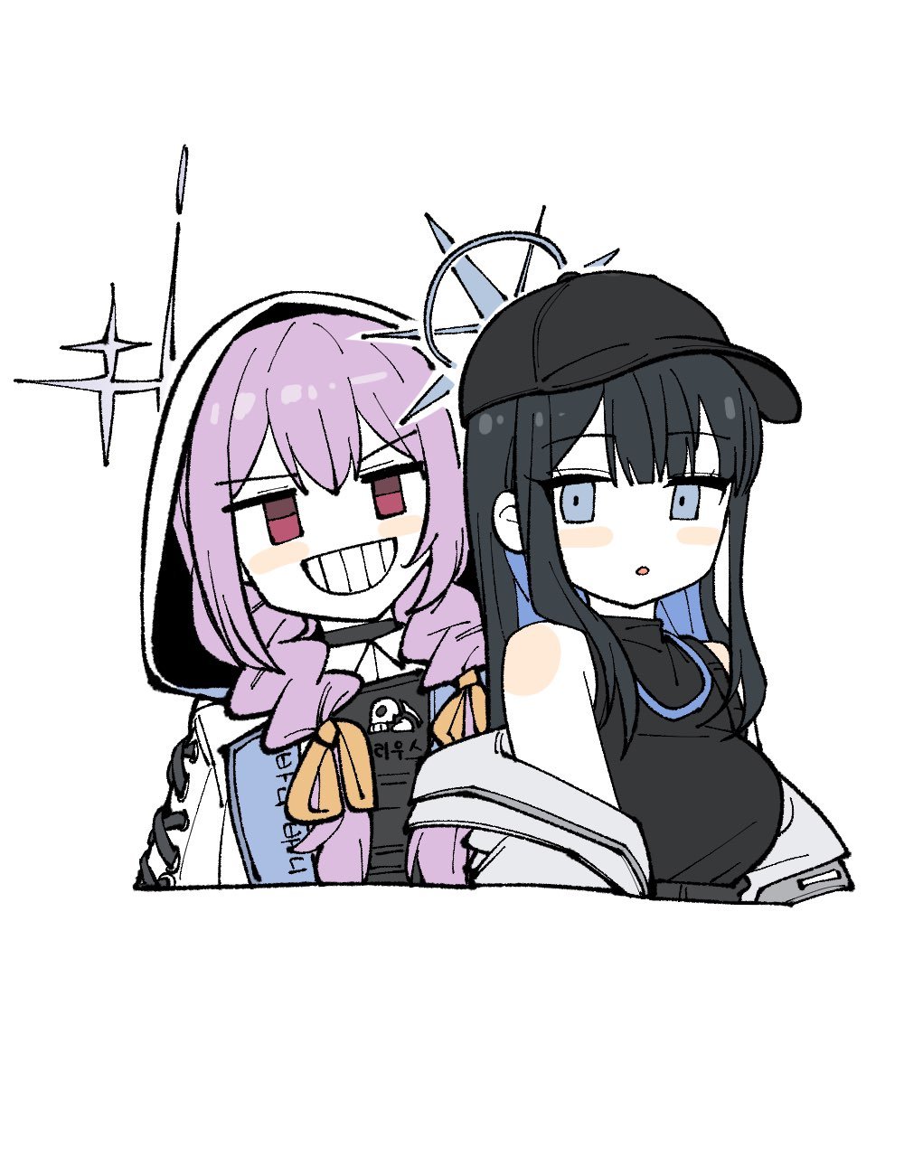 2girls, atsuko's_grin_(meme), atsuko_(blue_archive), bare_shoulders, baseball_cap, black_hair, black_headwear, blue_archive