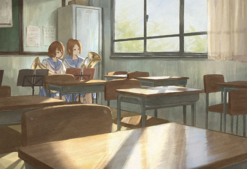 2girls, absurdres, blue_sailor_collar, blue_skirt, brown_hair, classroom, desk, euphonium