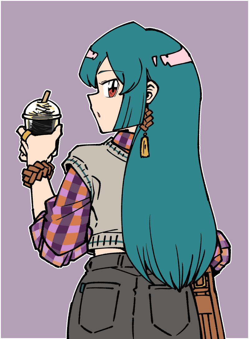 bag, cup, disposable_cup, earrings, green_hair, jewelry, mahou_shoujo_ni_akogarete, minakami_sayo