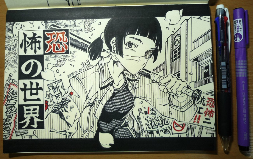 1girl, armband, bandana, baseball_bat, black_hair, breasts, cherry_blossoms, clock