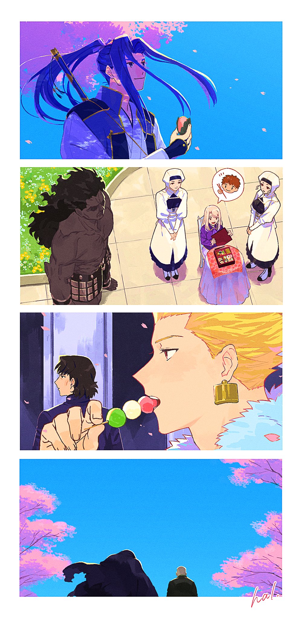 3girls, 6+boys, barefoot, bento, blonde_hair, brown_hair, character_request, cherry_blossoms