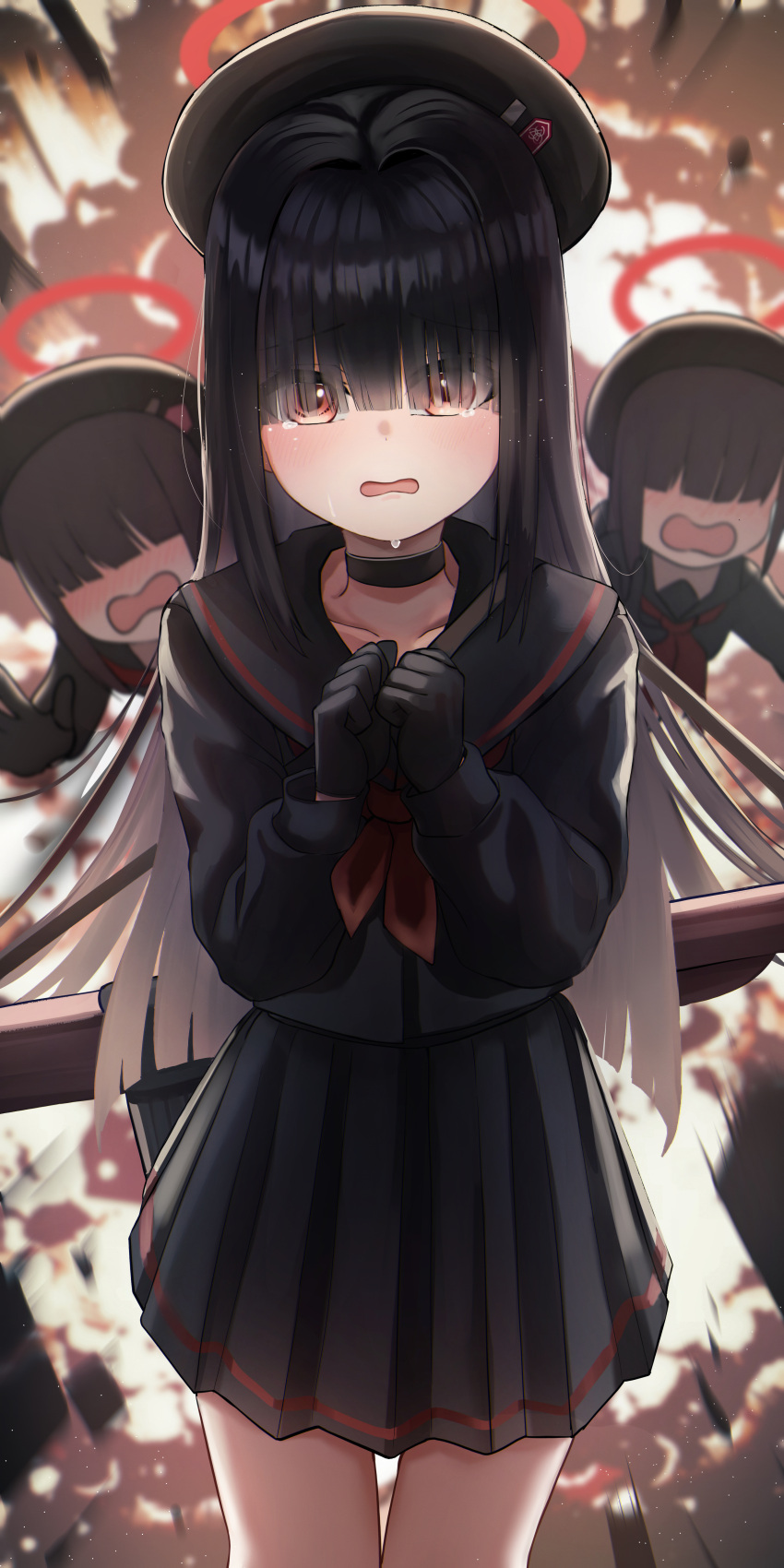 3girls, absurdres, art_rat, black_hair, blue_archive, blush, explosion, hair_over_eyes, highres, justice_task_force_member_(blue_archive), long_hair, looking_at_viewer, multiple_girls, open_mouth, red_eyes