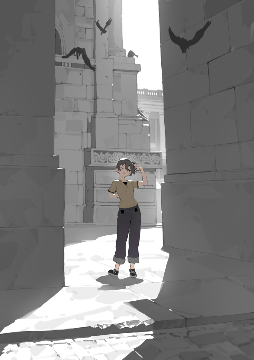 1girl, absurdres, alternate_costume, black_footwear, black_undershirt, chinese_commentary, commentary, european_architecture