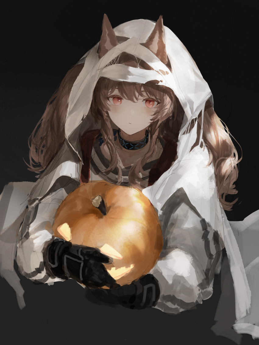 1girl, absurdres, angelina_(arknights), arknights, black_background, black_collar, black_gloves, black_shirt