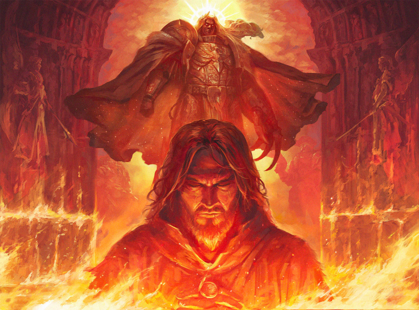 1boy, aquila_(symbol), architecture, armor, black_hair, bolter, burning_building, cathedral