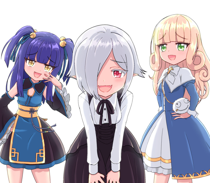 3girls, bell, blonde_hair, blue_hair, blush, breasts, chinese_clothes, dress