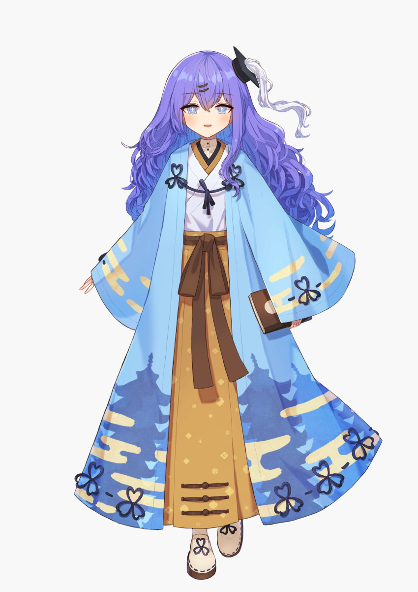 1girl, :d, akatanotaki, asymmetrical_sidelocks, blue_coat, blue_eyes, blush, book