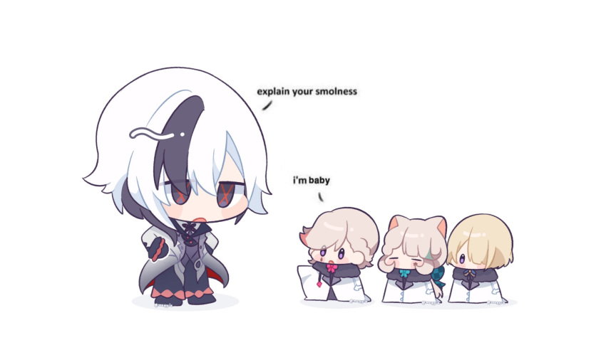 2boys, 2girls, animal_ears, arlecchino_(genshin_impact), asymmetrical_hair, black_eyes, black_gloves, black_hair, black_pants, blonde_hair, blue_bow, blue_bowtie, blush, bow, bowtie, bright_pupils, cape, cat_ears, chibi, coat, d:, english_text, facial_mark, freminet_(genshin_impact), genshin_impact, gloves, grey_shirt, highres, looking_at_another, lynette_(genshin_impact), lyney_(genshin_impact), medium_hair, mogyiu, multicolored_hair, multiple_boys, multiple_girls, open_clothes, open_coat, open_mouth, pants, red_bow, red_bowtie, red_pupils, shirt, simple_background, star_(symbol), star_facial_mark, streaked_hair, symbol-shaped_pupils, teardrop_facial_mark, twitter_username, violet_eyes, white_background, white_cape, white_coat, white_hair, x-shaped_pupils