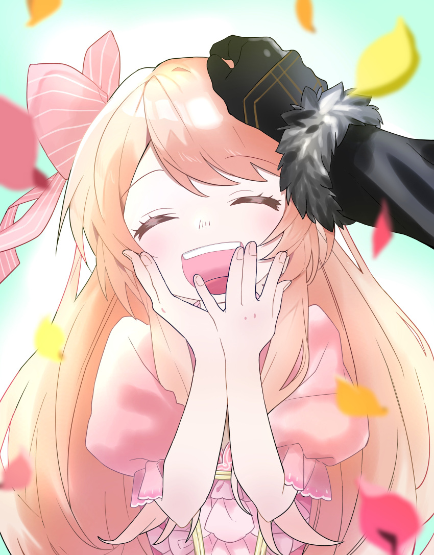 1boy, 1girl, absurdres, aqua_background, birthday, black_gloves, blonde_hair, chaos_marie_(grimms_notes), closed_eyes, commission, confetti, deus_prometheus_(grimms_notes), fur_trim, gloves, grimms_notes, happy_birthday, highres, long_hair, open_mouth, pixiv_commission, pov, pov_hands, puffy_sleeves, shino_(5no), smile, solo_focus