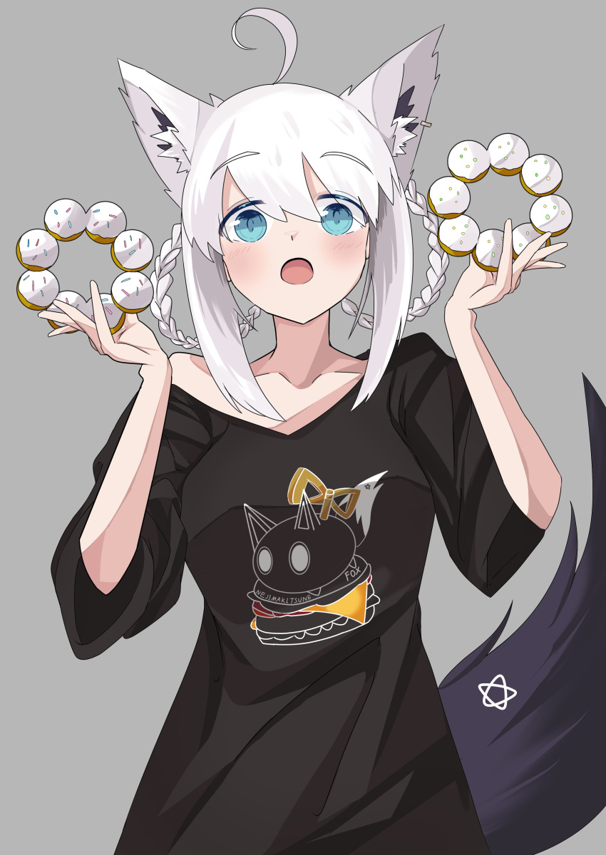 1girl, :o, absurdres, ahoge, animal_ear_fluff, animal_ears, black_shirt, blue_eyes