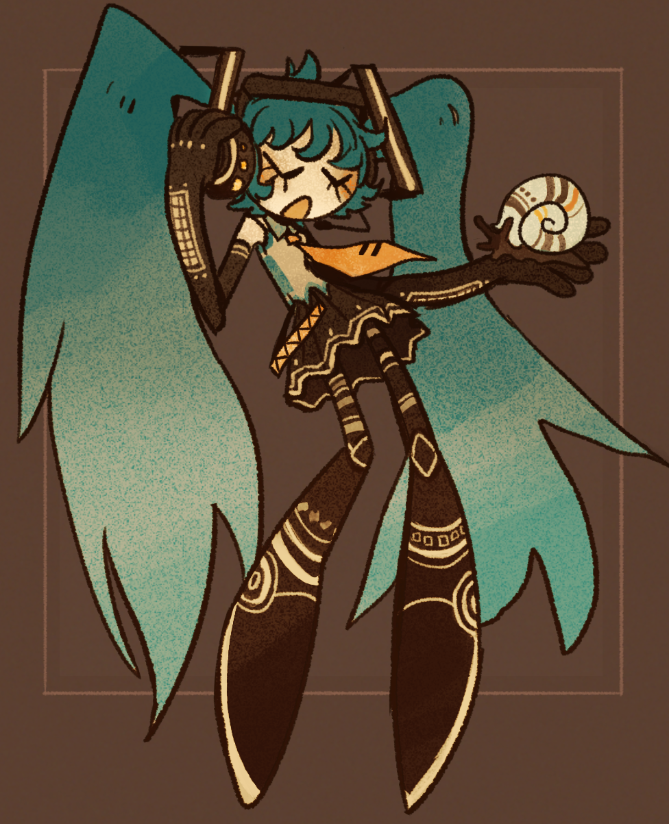 1girl, animal, aqua_hair, aqua_shirt, black_gloves, black_skirt, border, brown_background