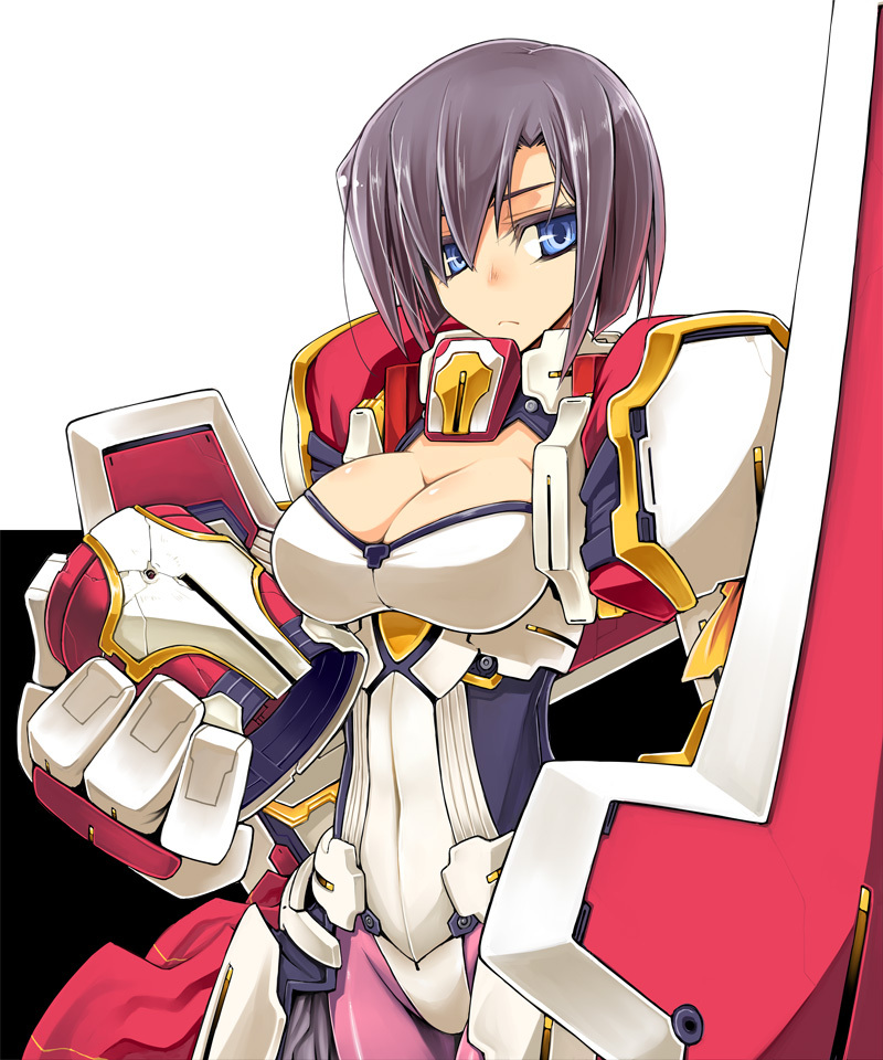 blue_eyes, breasts, bullet_hole, cleavage, cleavage_cutout, headwear_removed, helmet, helmet_off