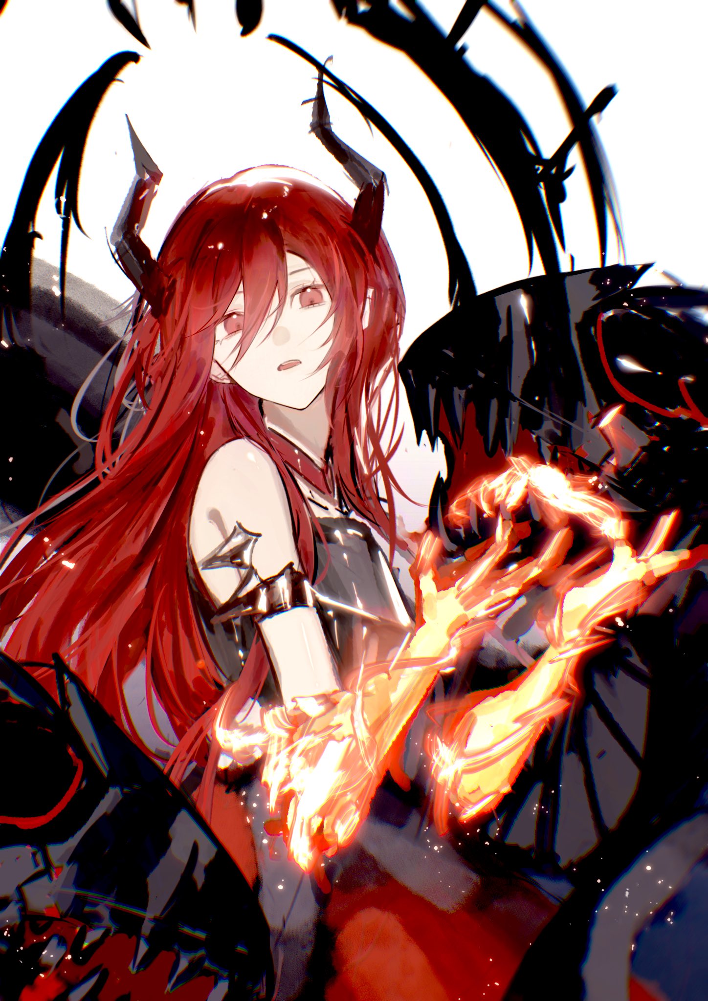 1girl, armor, bare_shoulders, breastplate, chain, dress, duel_monster, flaming_arm