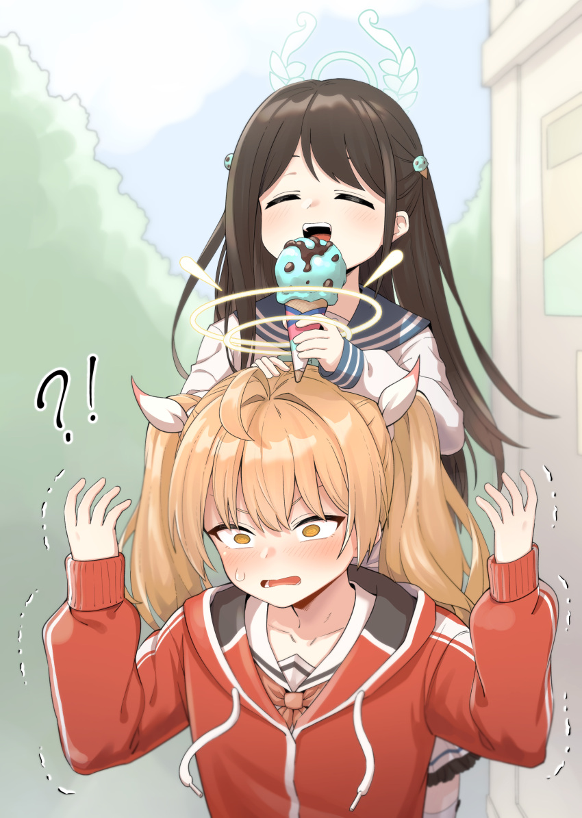 !?, 2girls, absurdres, airi_(blue_archive), black_hair, black_sailor_collar, blonde_hair, blue_archive