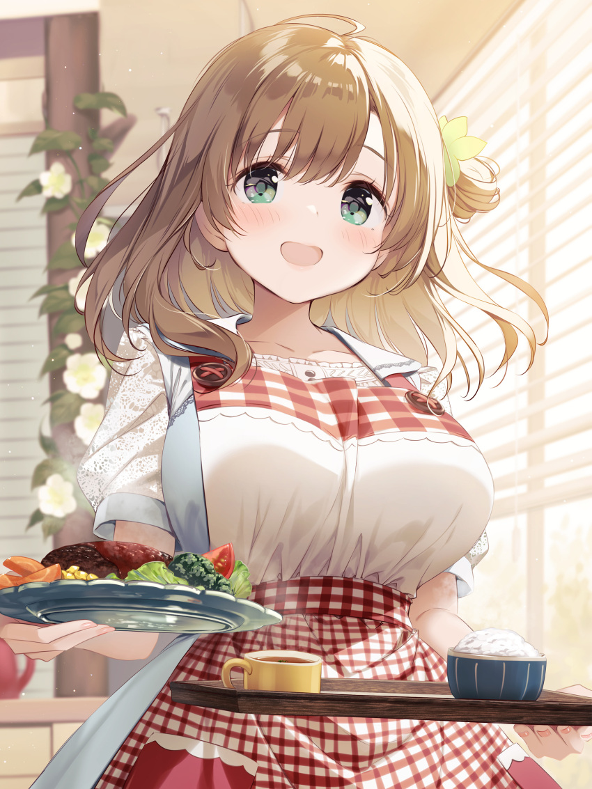 1girl, :d, apron, blurry, blurry_background, blush, bowl, breasts